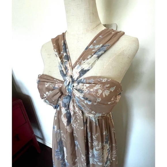 PURPOSE + PASSION Boutique Beige Floral Bandeau Halter Ruffled Maxi Dress Sz S - Picture 2 of 15